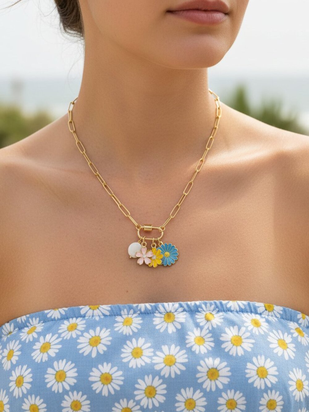 Paperclip Carabiner Charm Gold Necklace with Daisy`s and Shell Charms 17"